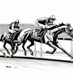 a drawing of two horses that are racing each other,black and white ink drawing of race horses with their jockeys on the track
