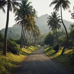 a road with several trees on both sides and mountains in the back