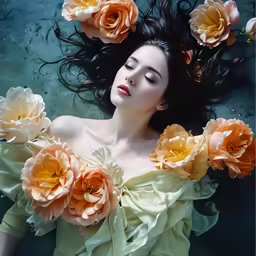 a woman with flowers on her shoulders laying down