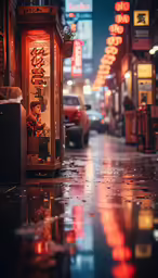 a man is looking through the window at some shops