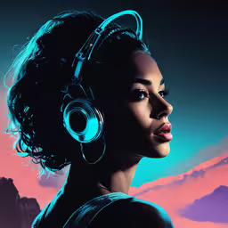 a close up of a woman with headphones,woman with headphones and earphones over the sunset