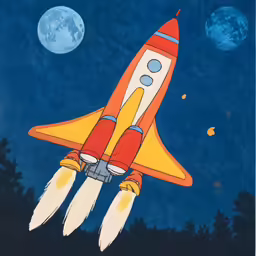 a drawing of an orange rocket ship flies high into the sky
