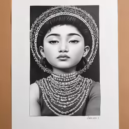 an art work with a girl wearing pearls on her neck