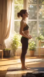the pregnant woman is standing next to a window