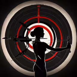 a woman is holding an archery bow and arrow,a woman aiming at a target with an arrow