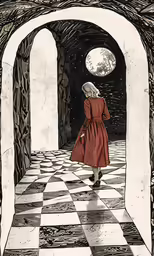 a painting of a girl in a red dress walks towards an archway