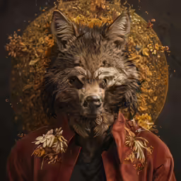 a painting of a wolf with autumn leaves on his ears