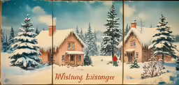 three paintings depicting houses and a person walking