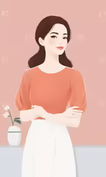 a woman in a red shirt and white skirt leaning against a table