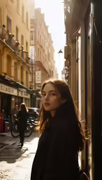 a woman looking down a narrow city street in the sunlight