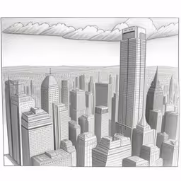 a pencil drawing of a cityscape with tall buildings,pencil drawing of skyscrapers and cloudy sky