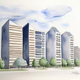 an artistic watercolor painting of buildings in a city,there are some buildings that appear to be watercolor,a painting of tall buildings with lots of trees,a painting of several buildings in the distance,a painting of buildings in a city in watercolor