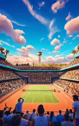 an audience watches as the sun goes down on a tennis court