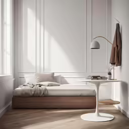 a very neat room with a small white table