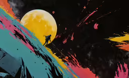 the silhouette of a person on a horse under an orange, pink and blue painting