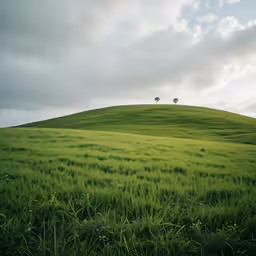 three trees on top of a hill near some grass