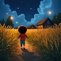 a child running towards a house in the night time