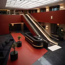 a large staircase in an open area near chairs