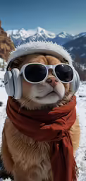 a dog wearing sunglasses with a hat and headphones