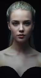 a young woman with blond hair and dark eyes poses in an artistic image