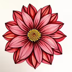 a close - up shot of a red flower on white paper,this is a hand drawn drawing of a flower,watercolor painting of large red flower,the top half of a red flower, painted on paper,a beautiful red flower with yellow center on white paper