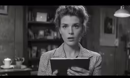 a woman is staring up and holding an electronic device