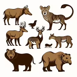 an image of animals and birds on the white background,a collection of wild animals that i have to use in an album