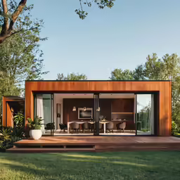 a backyard area in the summer with an outdoor dining room