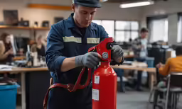 a fireman works with a large propane gas cylinder