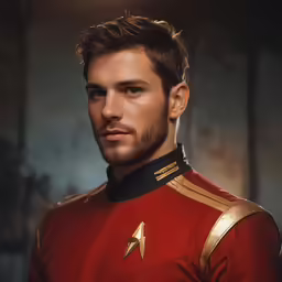 a man in a red uniform has his head tilted