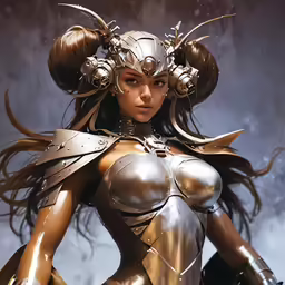 a sexy model in armor on a blue background