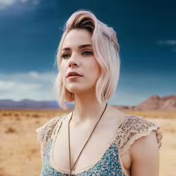 a beautiful blonde lady with an updo standing in front of a desert landscape