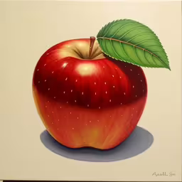 an apple with a green leaf is shown on a white surface,an apple with a leaf and on top of it,a red apple with green leaf sitting on top of it,a painting of a red apple with a leaf,an apple painted with green leaves on top