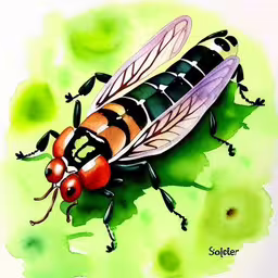 a bug painted on a paper with watercolors,a colorful bug is on some green leaves