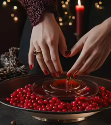 two hands sprinkling melted chocolate into a pan