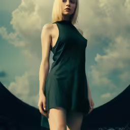 a blonde woman standing in front of some clouds