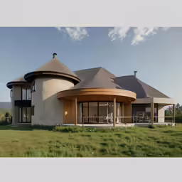 round house with open roof sitting on grassy land