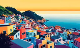 colorful houses in front of the ocean and the town