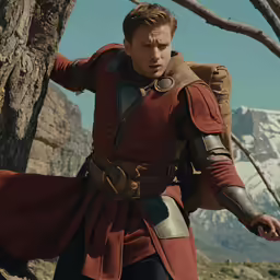 a man in armor stands by some trees