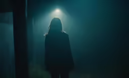 a woman walking in the dark by light from the lamp