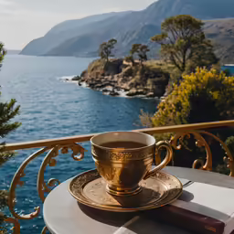 a cup on a small table in front of a window