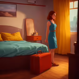 the woman stands beside her suitcase while looking out the window