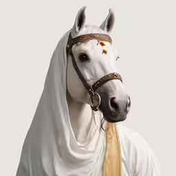 the white horse is wearing a costume that is gold