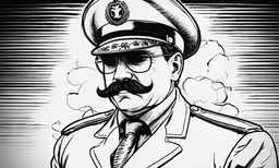 a caricature of an officer in uniform,a drawing of a man with glasses and a moustache on