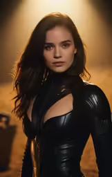 a woman in a leather outfit is staring into the camera
