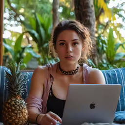 a girl sitting at a table with a laptop