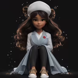 a doll is sitting down wearing black leather pants