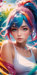 a woman with colored hair, her hands in the air