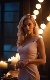 the woman is posing with a lot of lit candles