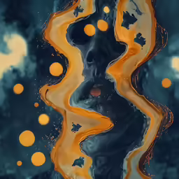 orange, black and blue paint art work that looks like abstract shapes